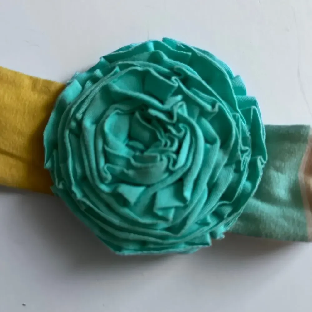 Girls Yellow and Teal Striped Flower Headwrap